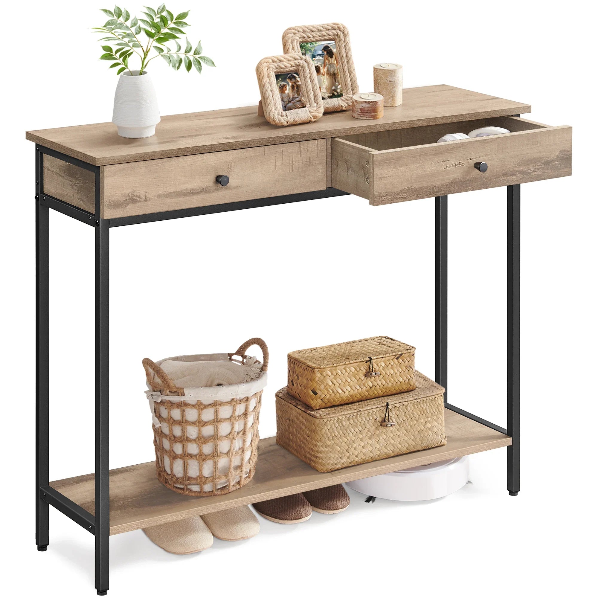 VASAGLE Mesa consola, Mesa de pasillo, Mesa auxiliar, Mesa de sofá con 2 cajones