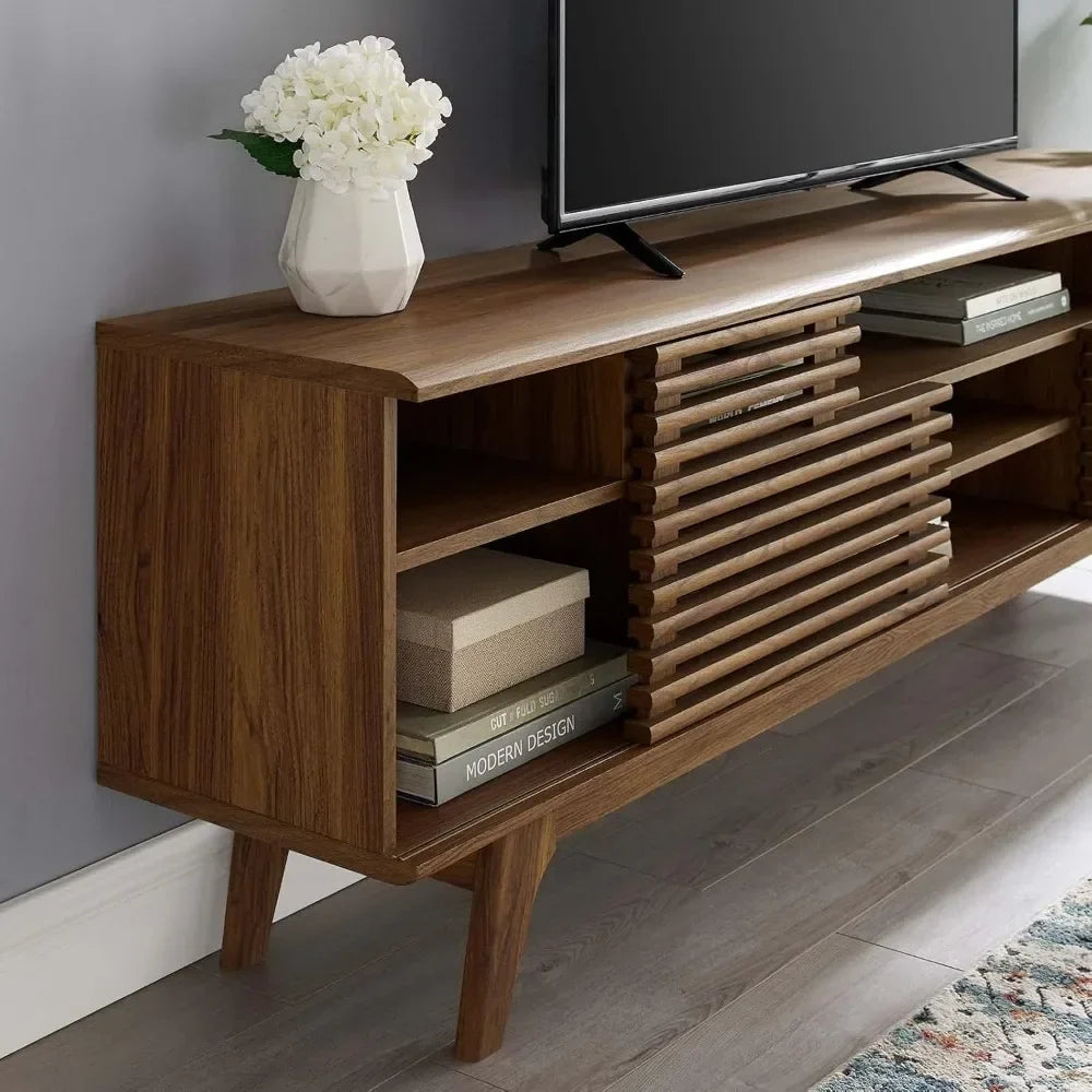 Mueble de TV/Consola multimedia de perfil bajo de estilo moderno de mediados de siglo de 71", 71 pulgadas, nogal