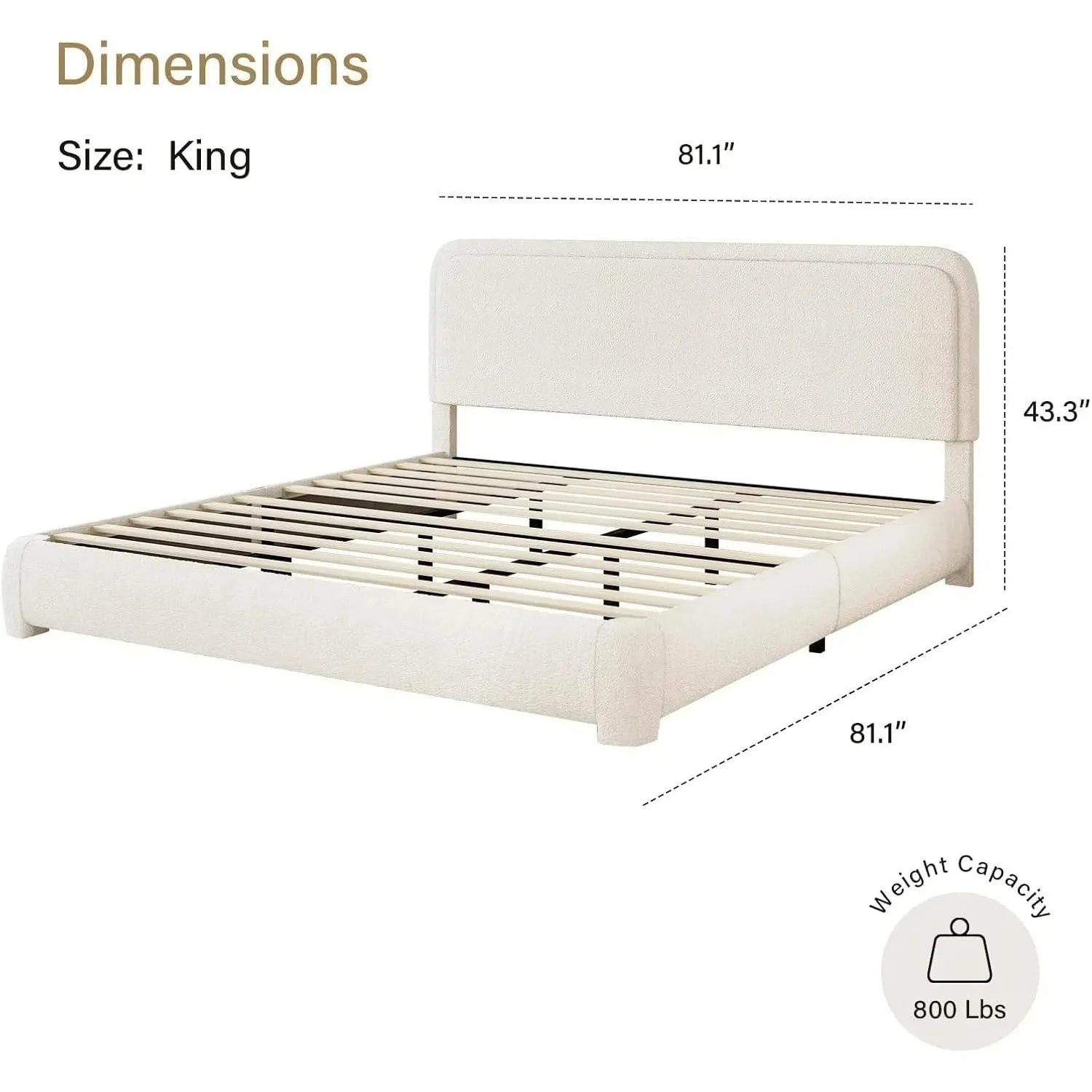King Bed Frame and Headboard, Boucle Upholstered Platform Bed Frame, Modern Style, Soft Rounded Corners, Beige