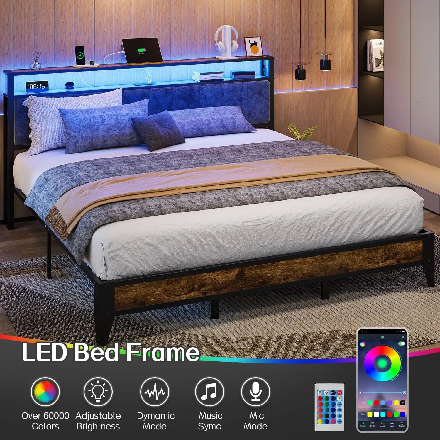 Estructura de cama King con cabecero, plataforma de metal tamaño King con 2 niveles de almacenamiento, luz LED y estación de carga tipo C