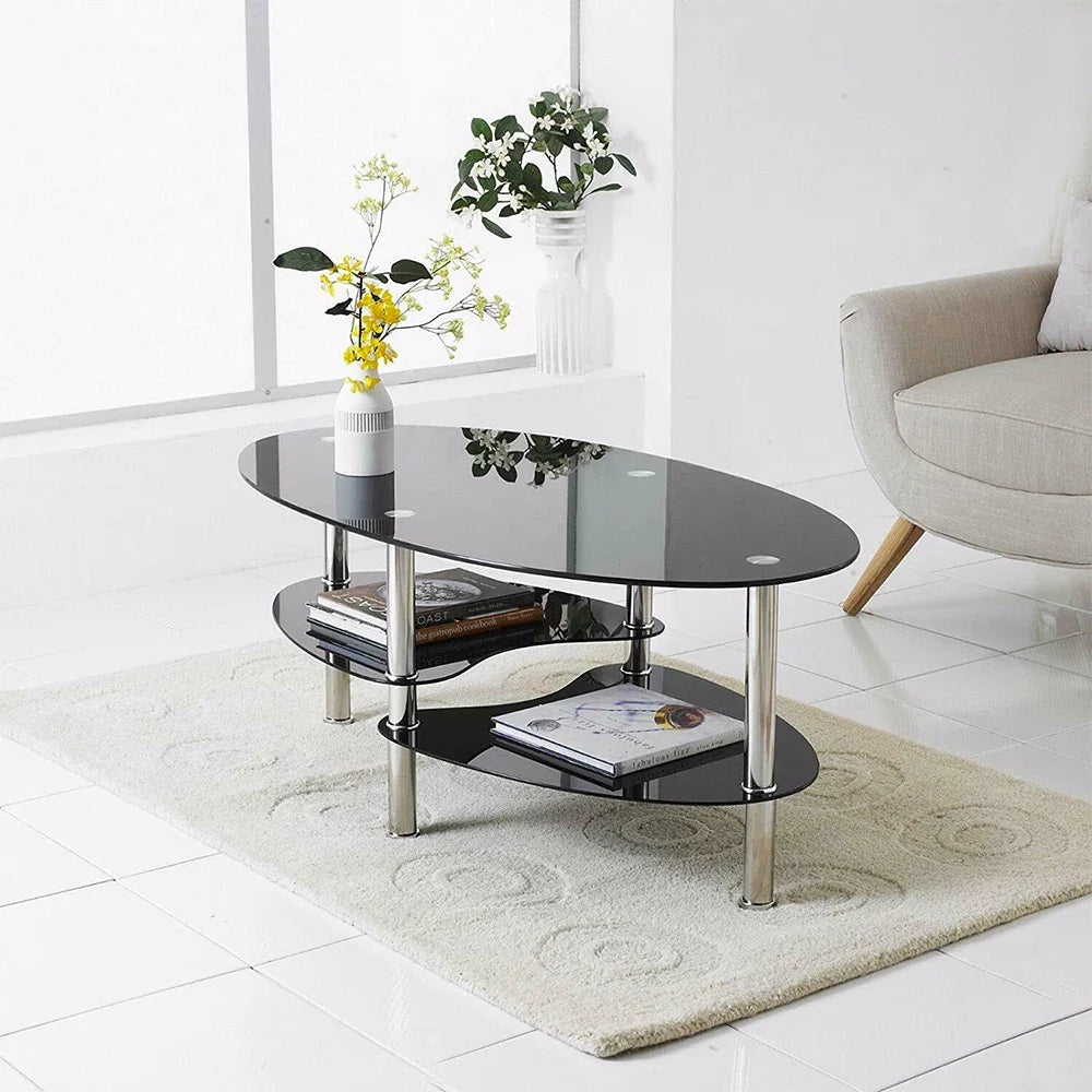 Mesa de Centro de Cristal de 3 Niveles, Mesa de Café Moderna con Espacio de Almacenamiento. Mesa Auxiliar para Sala de Estar, Balcón, Terraza, Jardín, Oficina