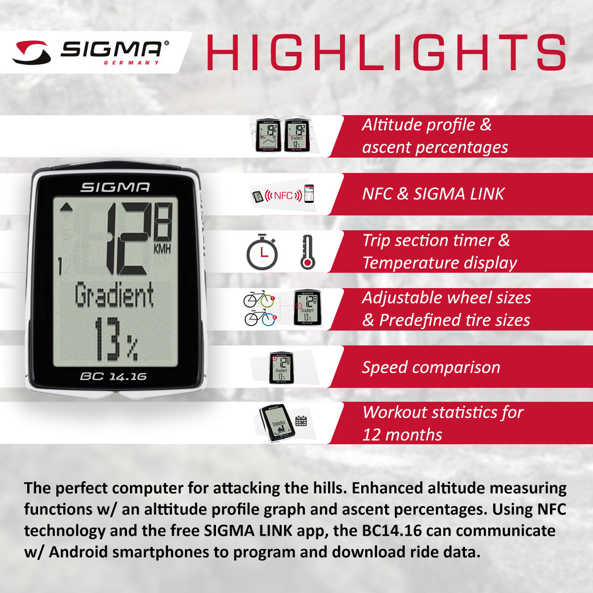 SIGMA Bicycle Computer - BC 14.16, Wired