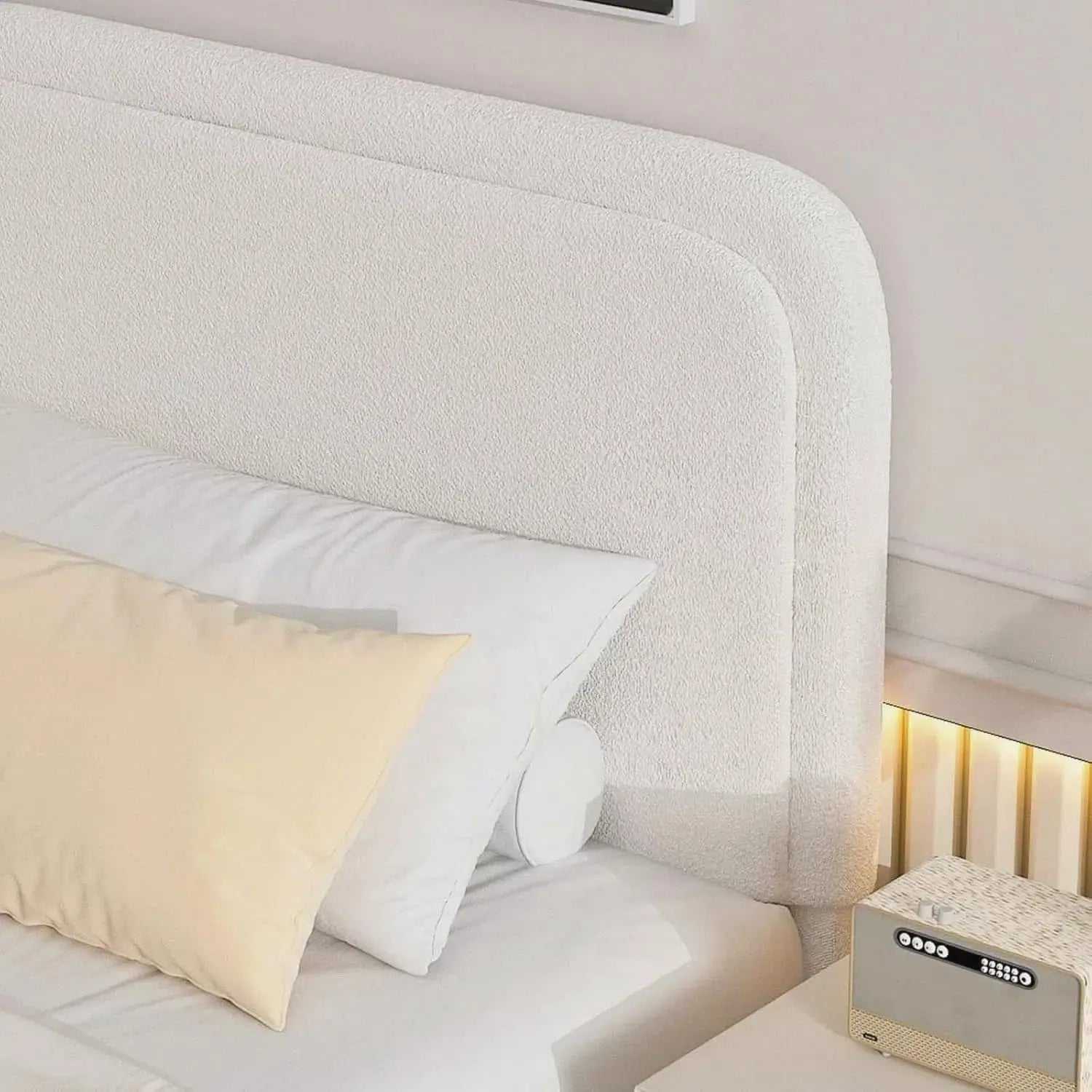 King Bed Frame and Headboard, Boucle Upholstered Platform Bed Frame, Modern Style, Soft Rounded Corners, Beige
