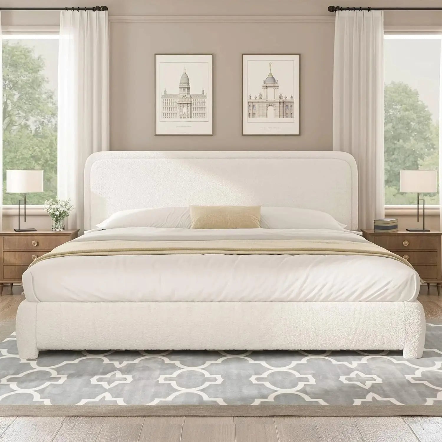 King Bed Frame and Headboard, Boucle Upholstered Platform Bed Frame, Modern Style, Soft Rounded Corners, Beige