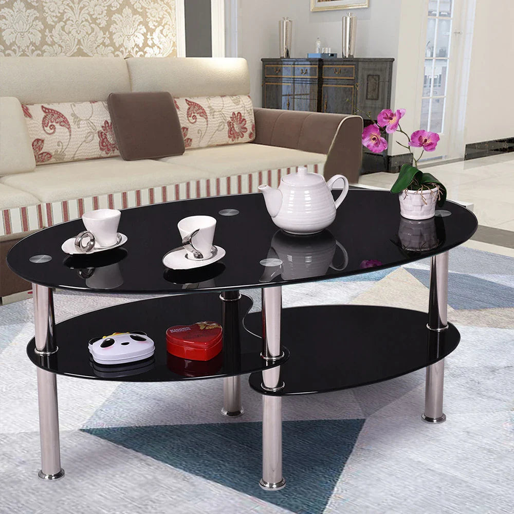 Mesa de Centro de Cristal de 3 Niveles, Mesa de Café Moderna con Espacio de Almacenamiento. Mesa Auxiliar para Sala de Estar, Balcón, Terraza, Jardín, Oficina