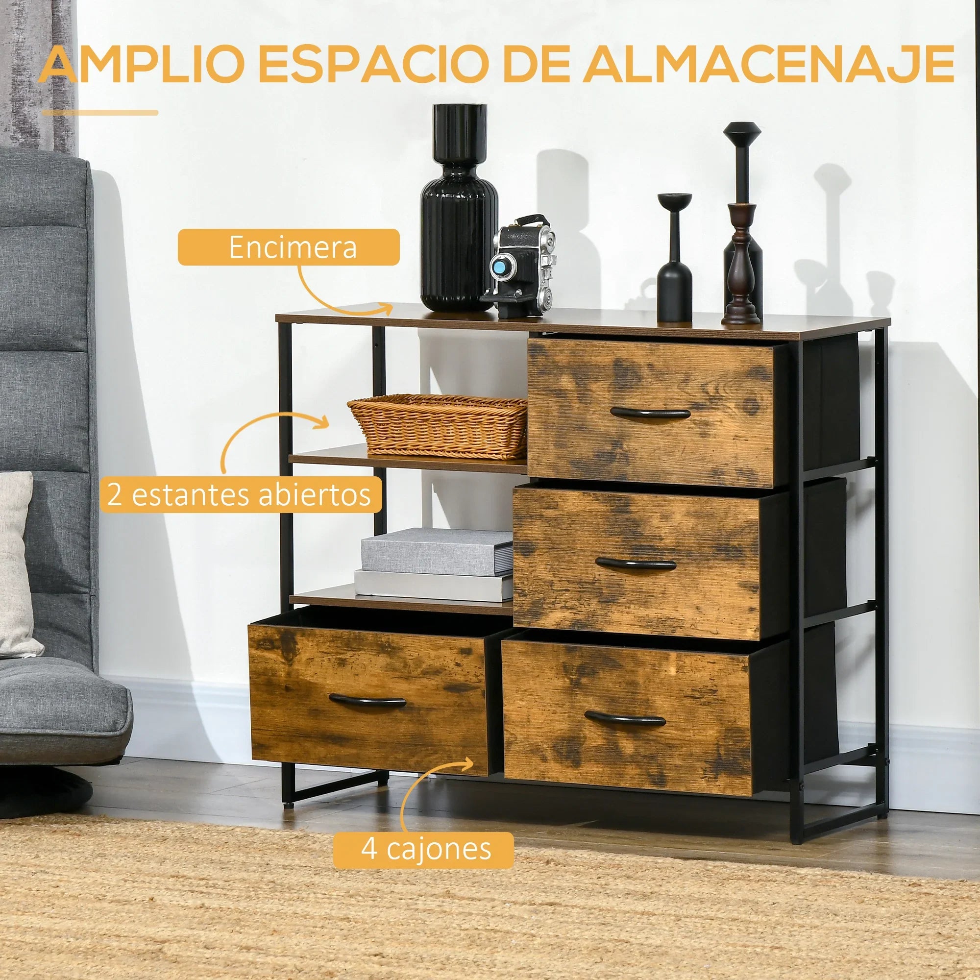 HOMCOM cómoda con 4 cajones de tela plegables 2 estantes 84x30x71,5 cm