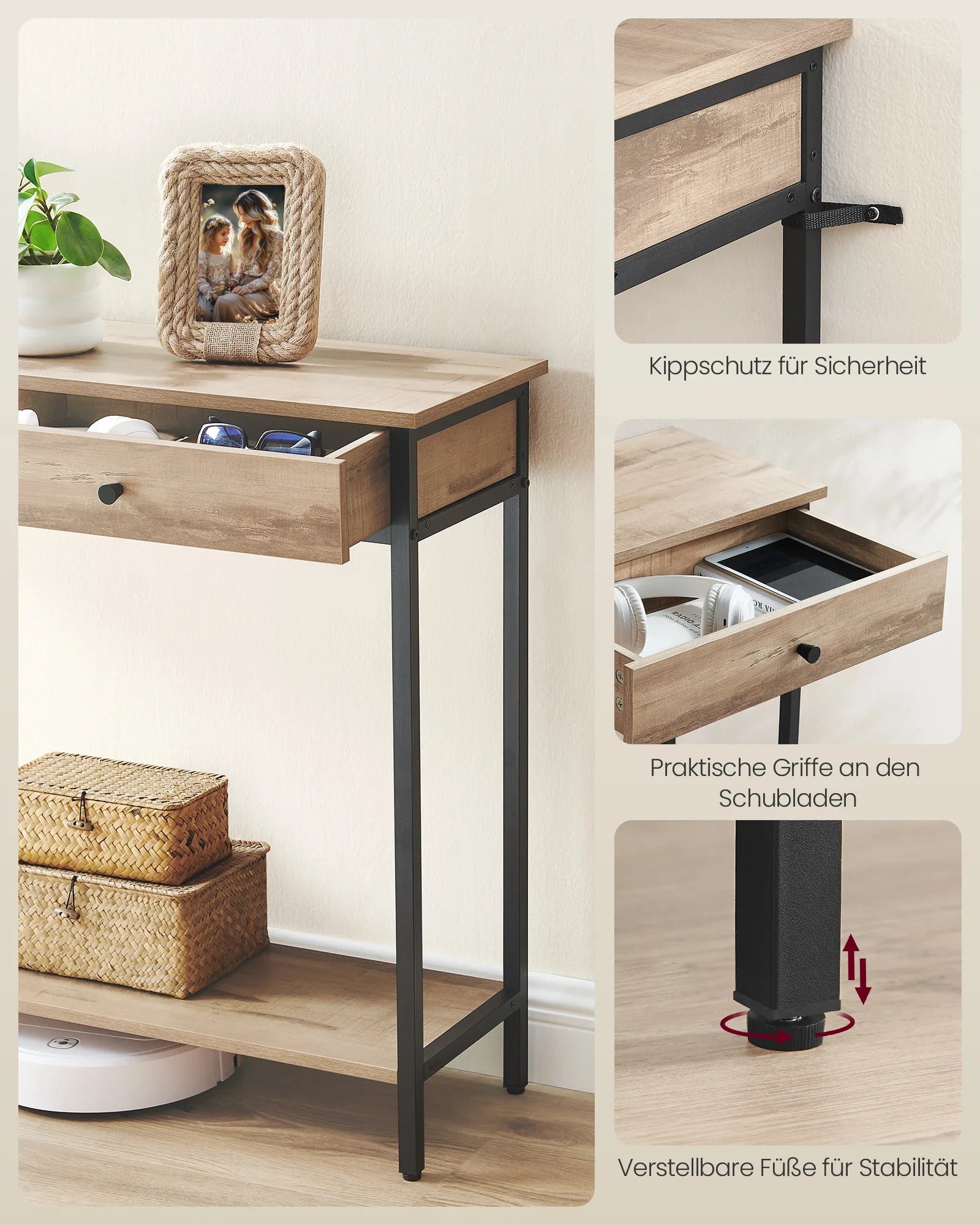 VASAGLE Mesa consola, Mesa de pasillo, Mesa auxiliar, Mesa de sofá con 2 cajones