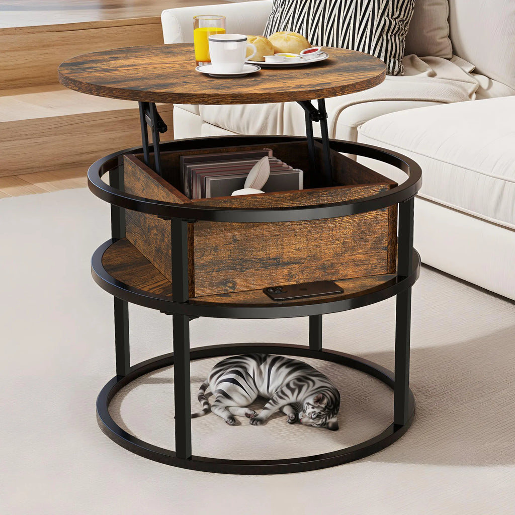 YITAHOME Mesa de centro con tablero elevable, mesa de centro redonda elevable con compartimento de almacenamiento oculto, 60x60x47cm