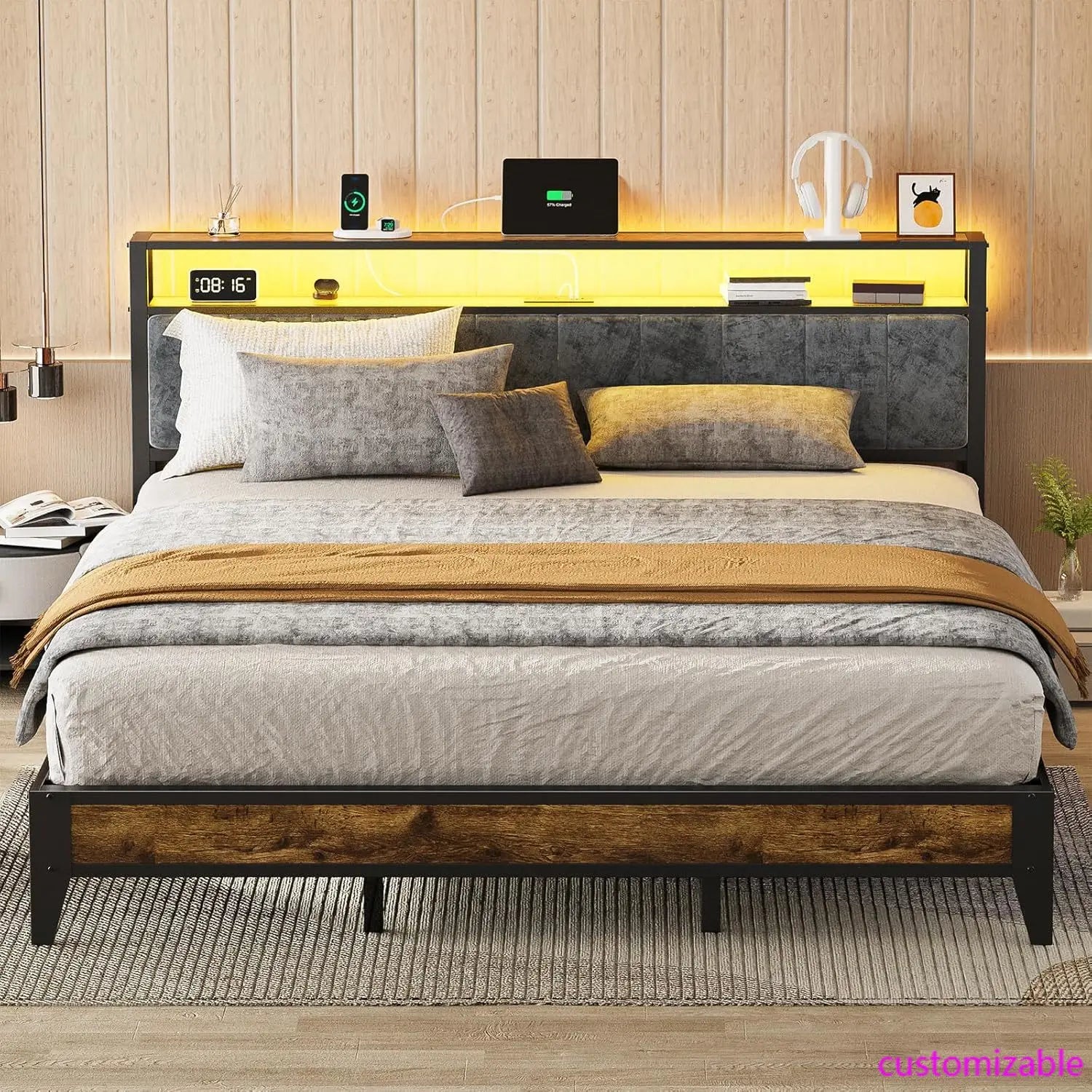 Estructura de cama King con cabecero, plataforma de metal tamaño King con 2 niveles de almacenamiento, luz LED y estación de carga tipo C