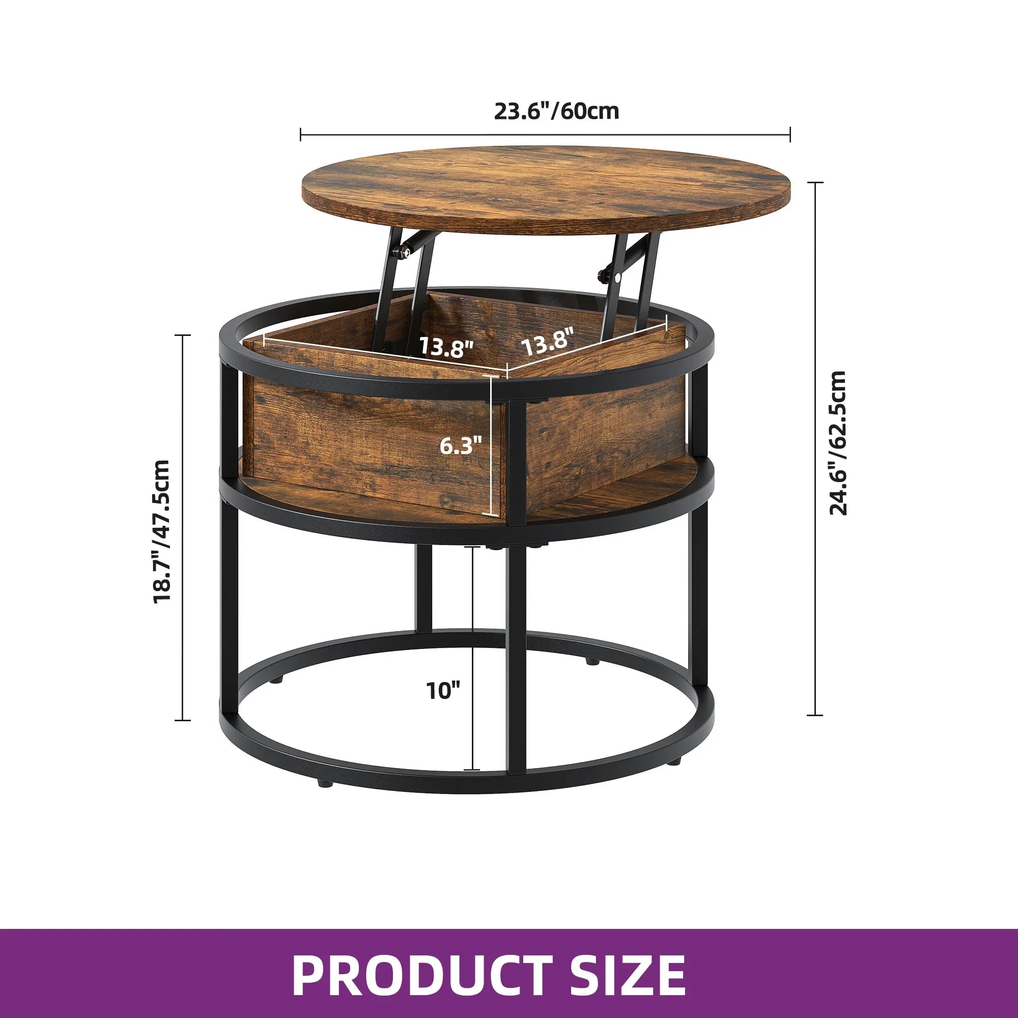 YITAHOME Mesa de centro con tablero elevable, mesa de centro redonda elevable con compartimento de almacenamiento oculto, 60x60x47cm