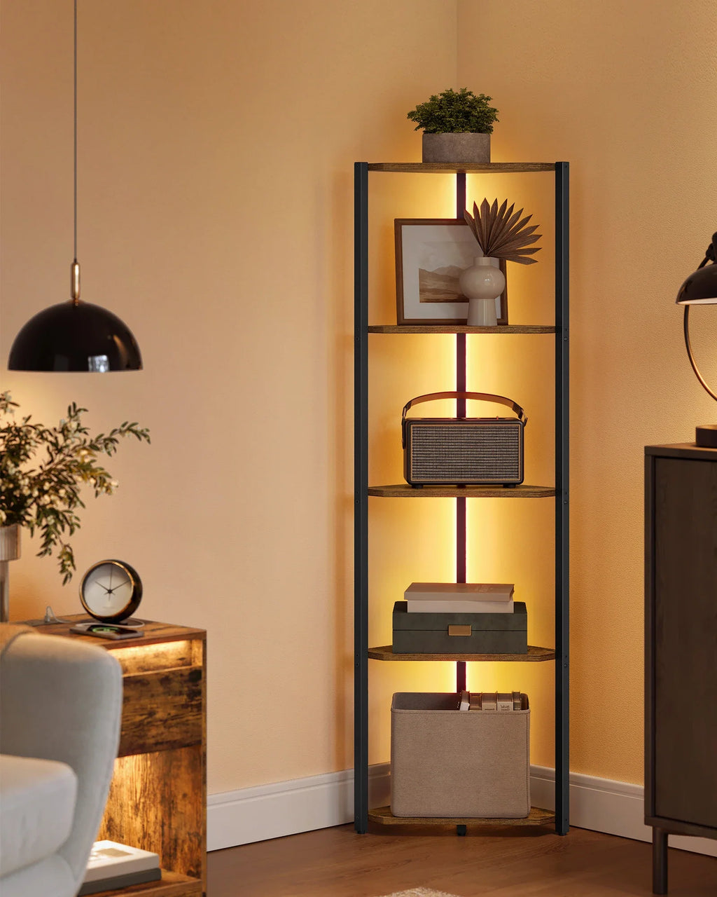 VASAGLE 5-Tier Corner Shelf, Bookcase with Adjustable LED Lights, Storage Shelf with Steel Frame