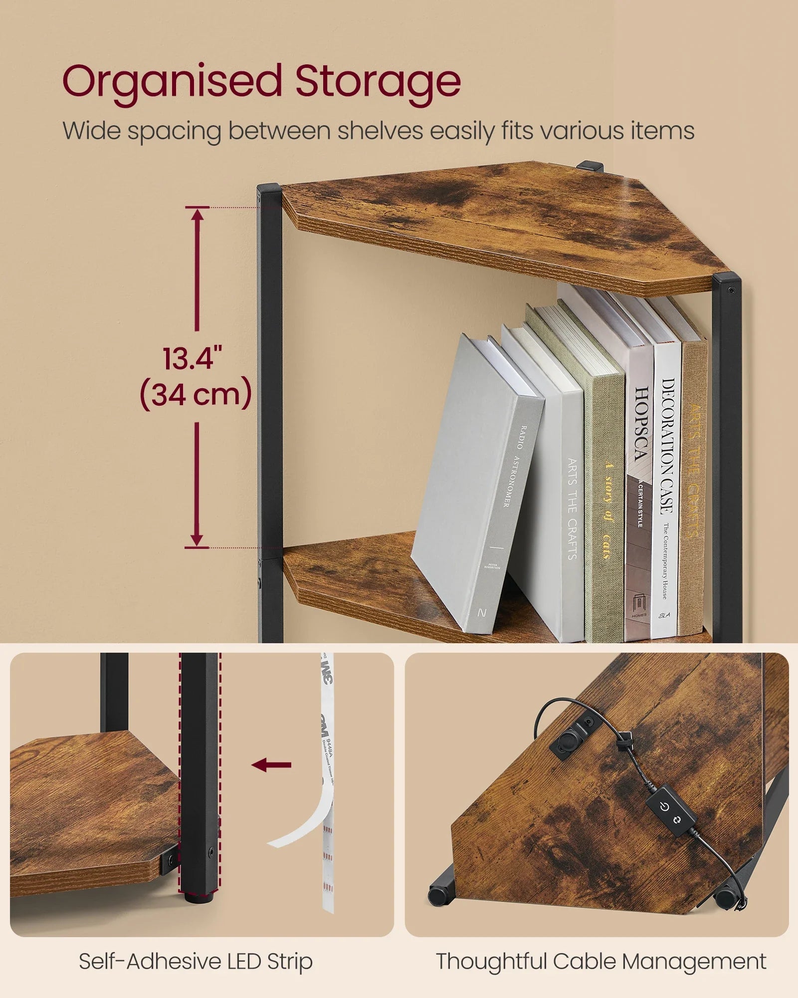 VASAGLE 5-Tier Corner Shelf, Bookcase with Adjustable LED Lights, Storage Shelf with Steel Frame