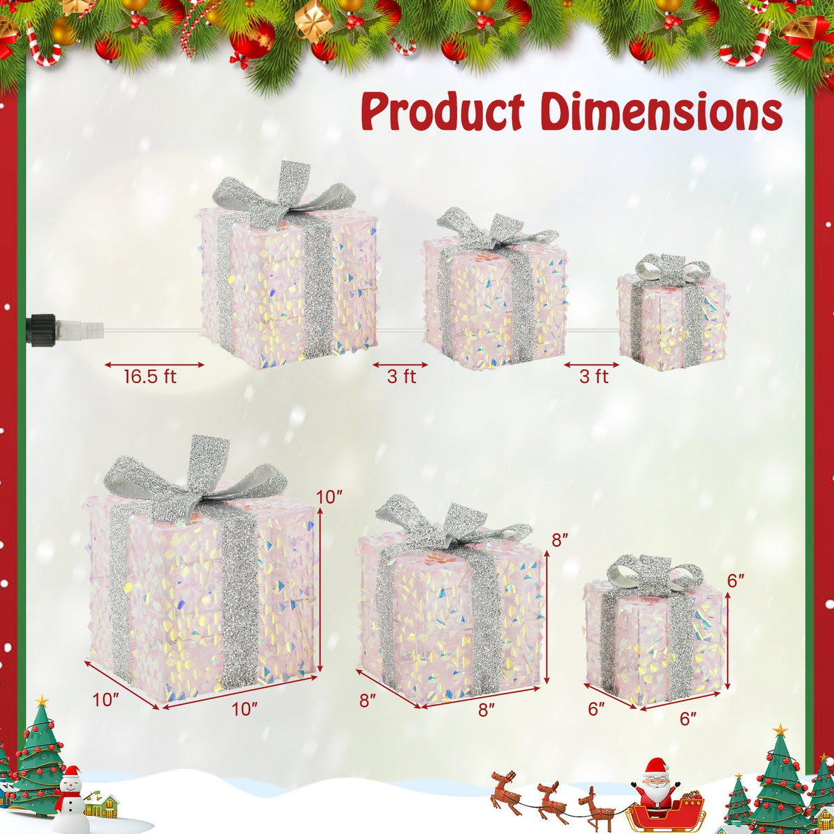 Set of 3 Christmas Lighted Gift Boxes with Pre-lit 90 LED Light and Bows