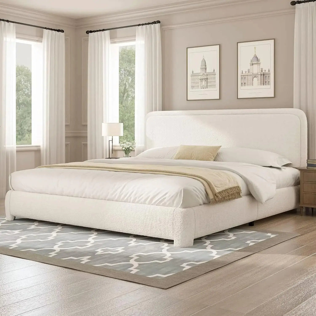 King Bed Frame and Headboard, Boucle Upholstered Platform Bed Frame, Modern Style, Soft Rounded Corners, Beige