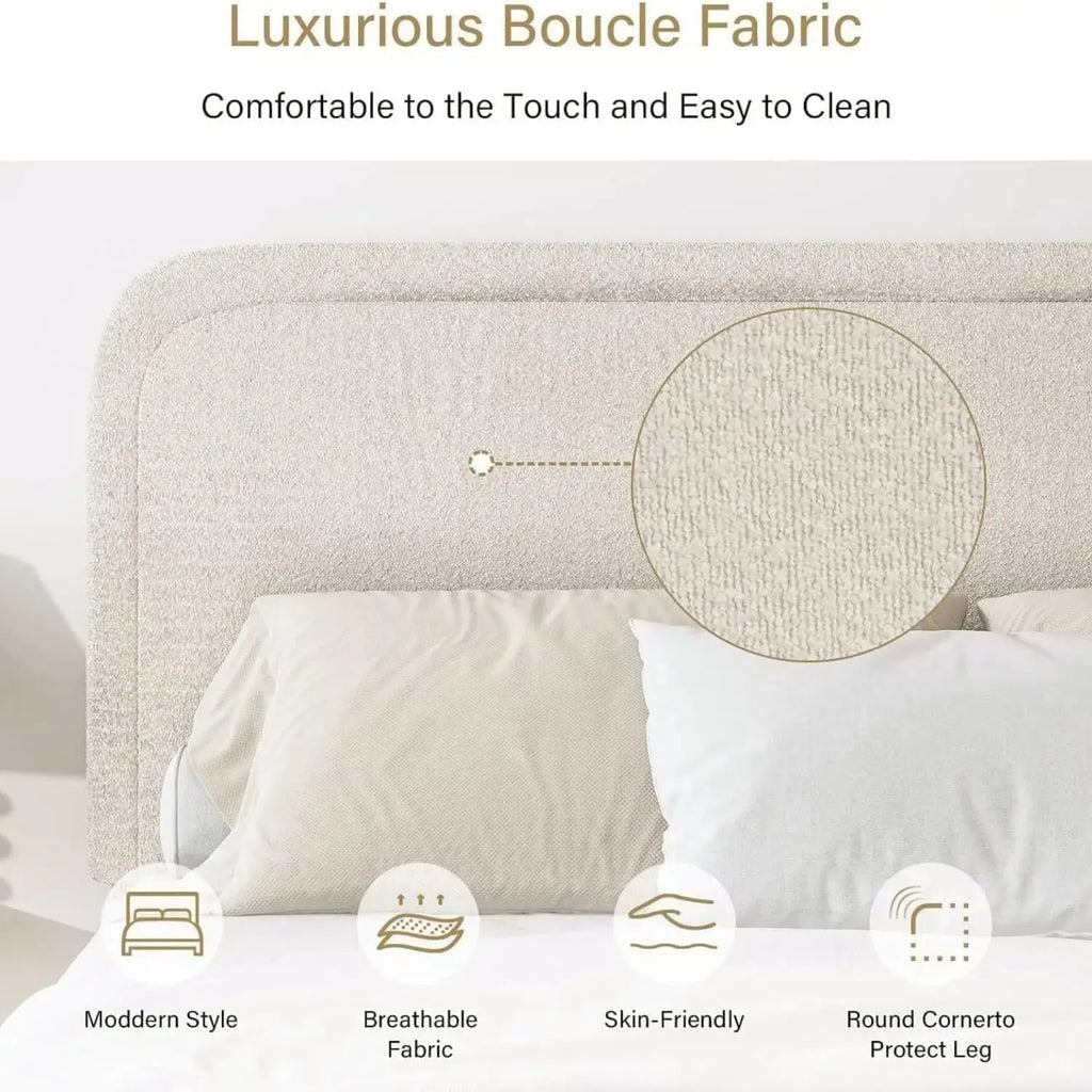 King Bed Frame and Headboard, Boucle Upholstered Platform Bed Frame, Modern Style, Soft Rounded Corners, Beige