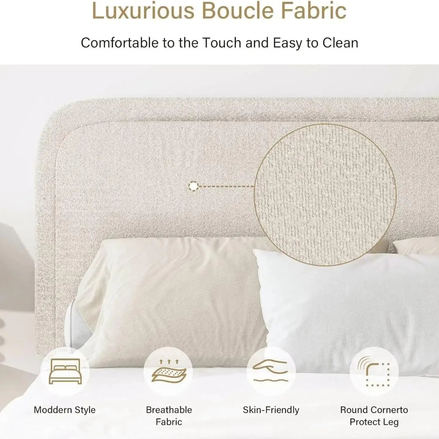 King Bed Frame and Headboard, Boucle Upholstered Platform Bed Frame, Modern Style, Soft Rounded Corners, Beige