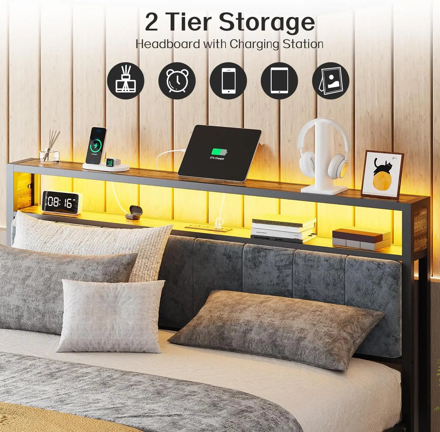 Estructura de cama King con cabecero, plataforma de metal tamaño King con 2 niveles de almacenamiento, luz LED y estación de carga tipo C