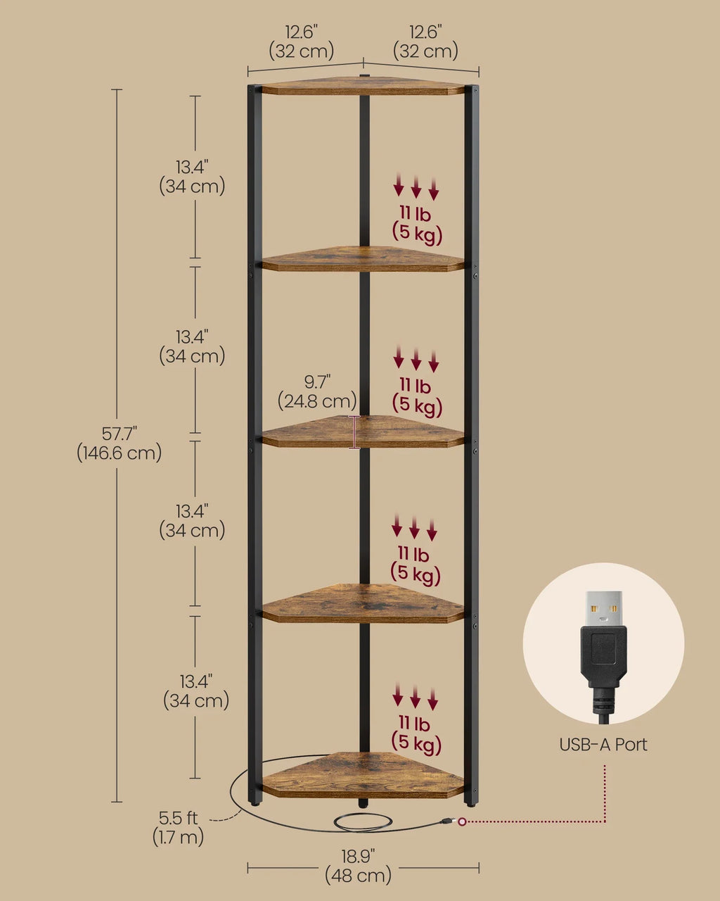 VASAGLE 5-Tier Corner Shelf, Bookcase with Adjustable LED Lights, Storage Shelf with Steel Frame