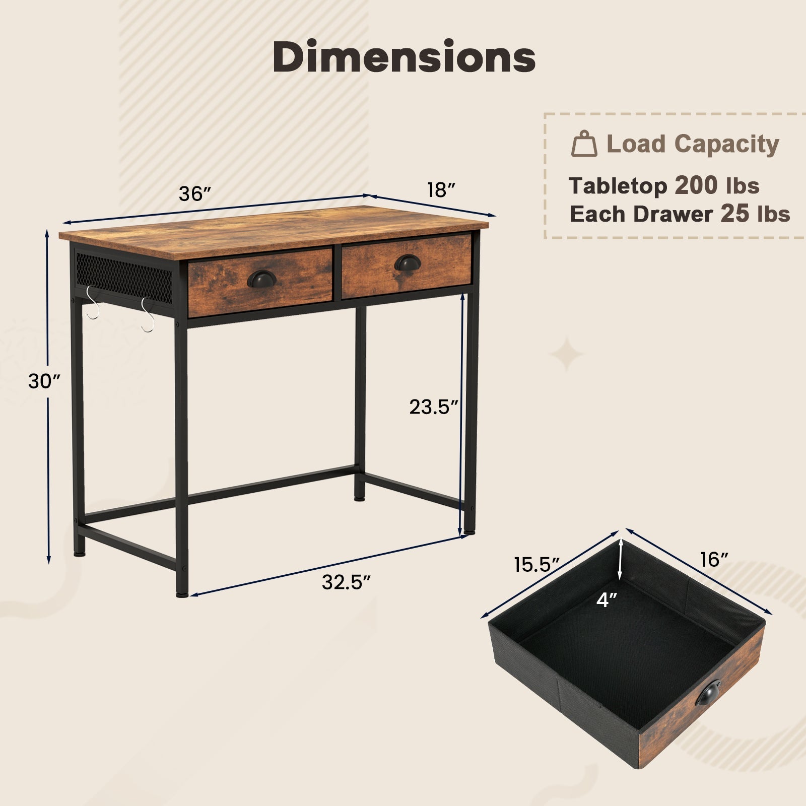 Space Saving Home Office Desk with 2 Fabric Drawers and 4 Hanging Hooks