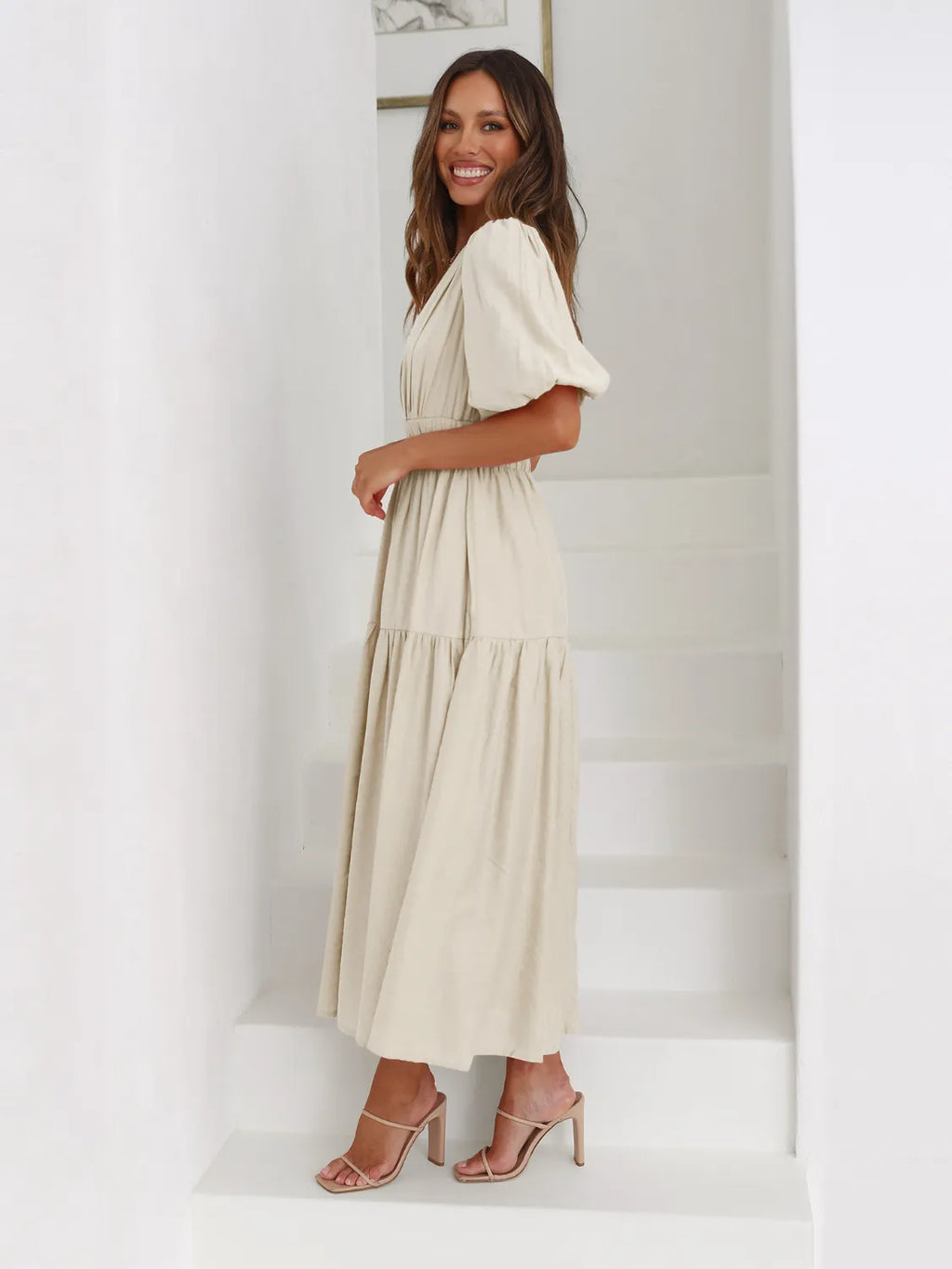 Tiered Surplice Half Sleeve Midi Dress