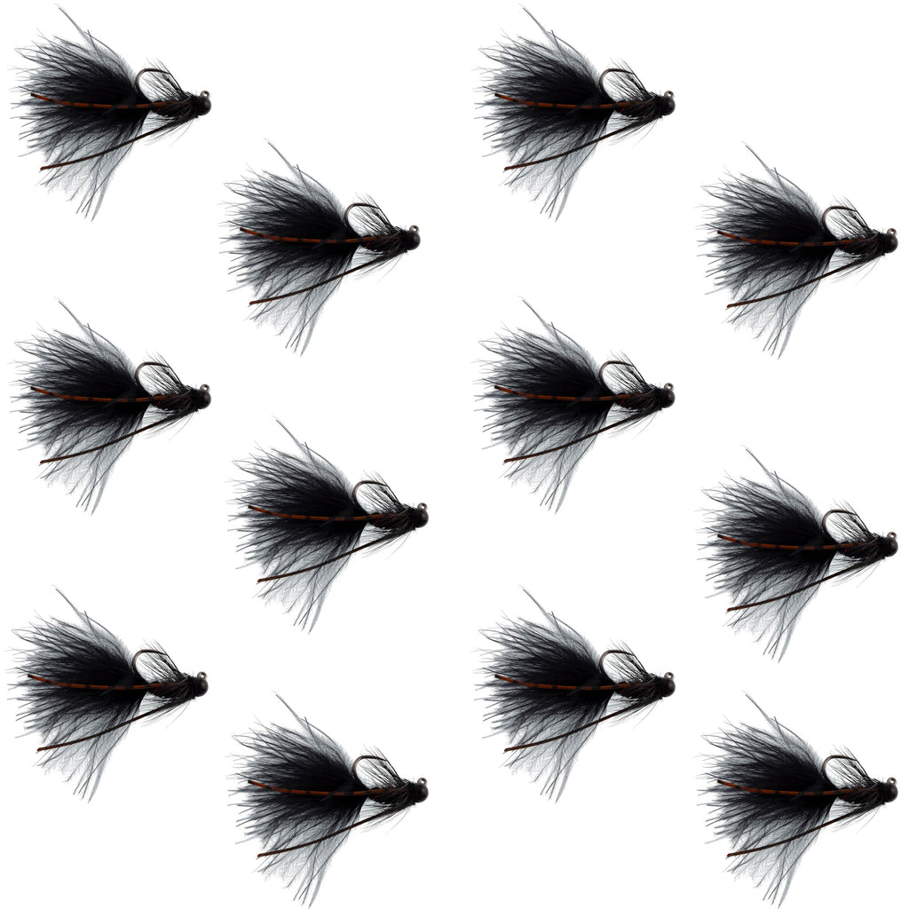 Tungsten Bead Tactical Black Mini Bugger Euro Nymph Fly - 12 Flies Size 8