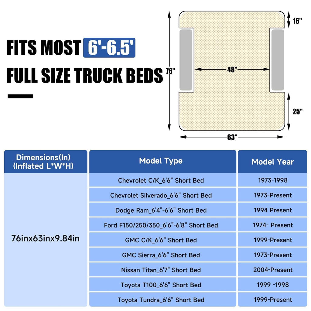 Colchón de aire morado para camioneta de tamaño completo de 5.5 a 6.5 pies