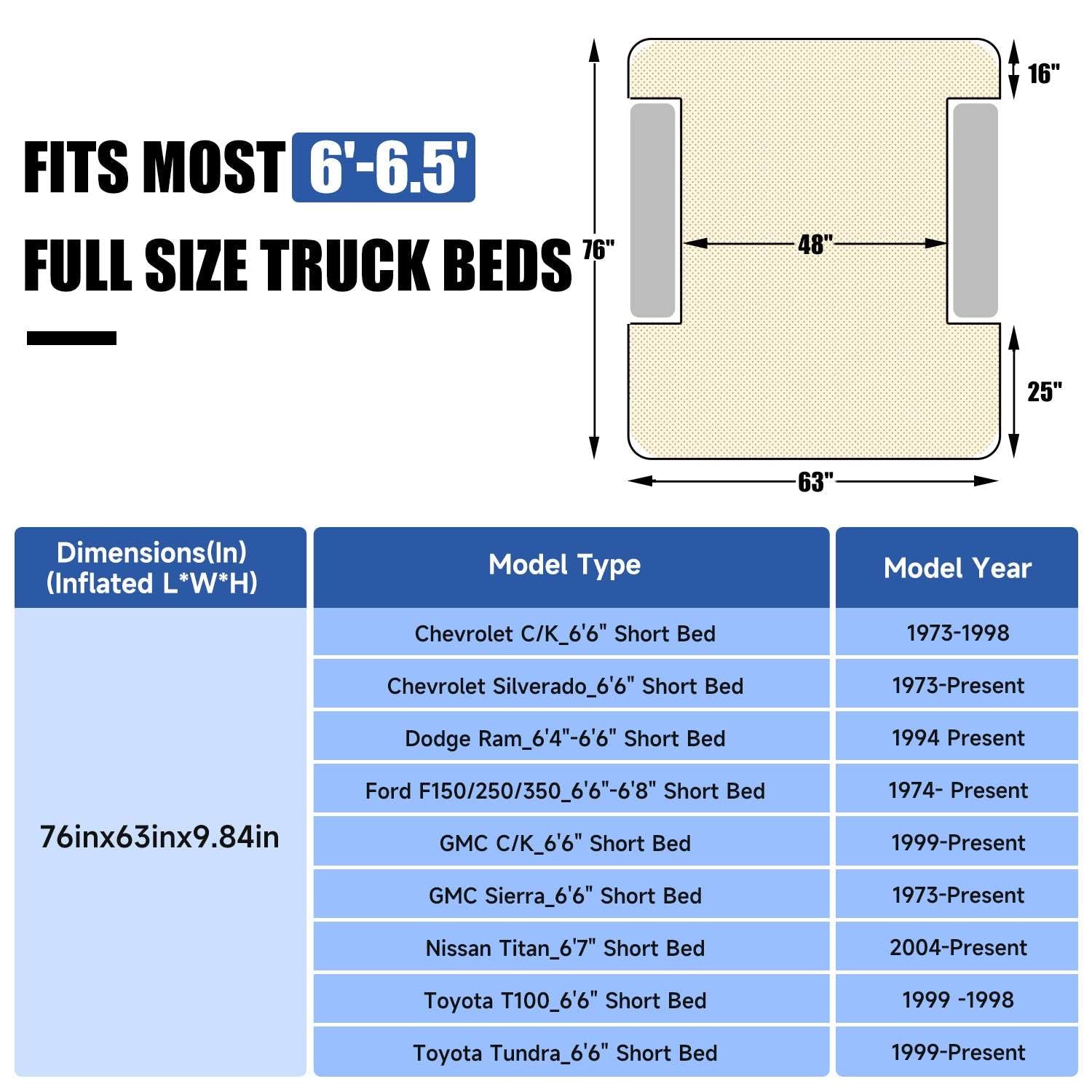 Colchón de aire morado para camioneta de tamaño completo de 5.5 a 6.5 pies