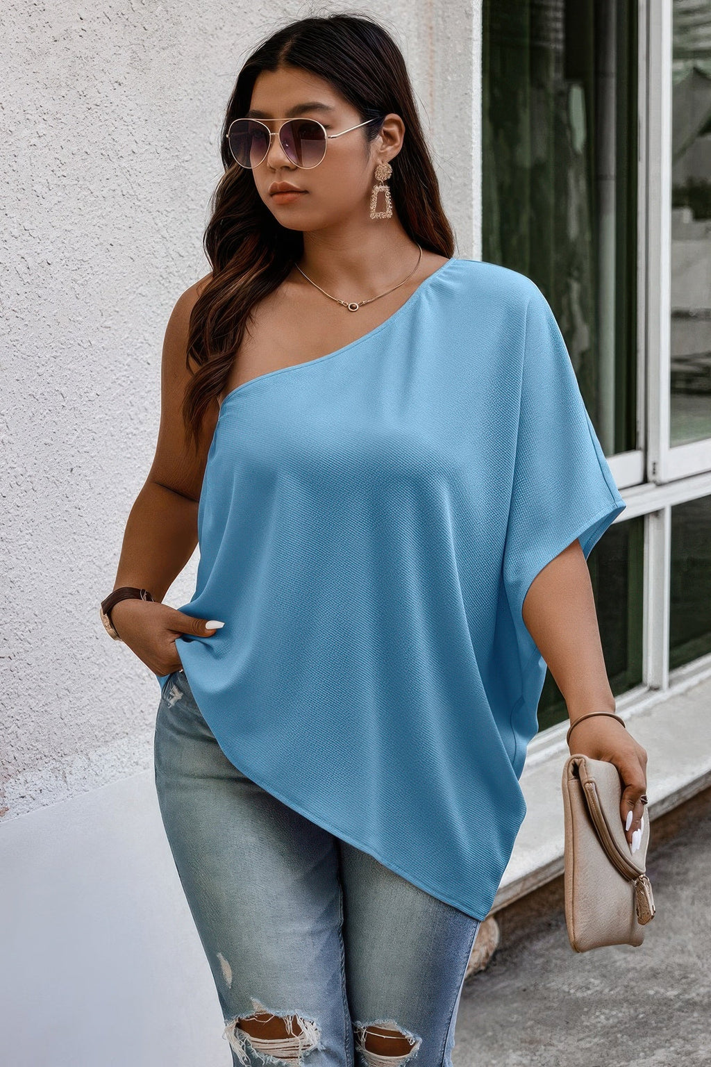 Plus One Shoulder Solid Casual Loose Fit Shirt