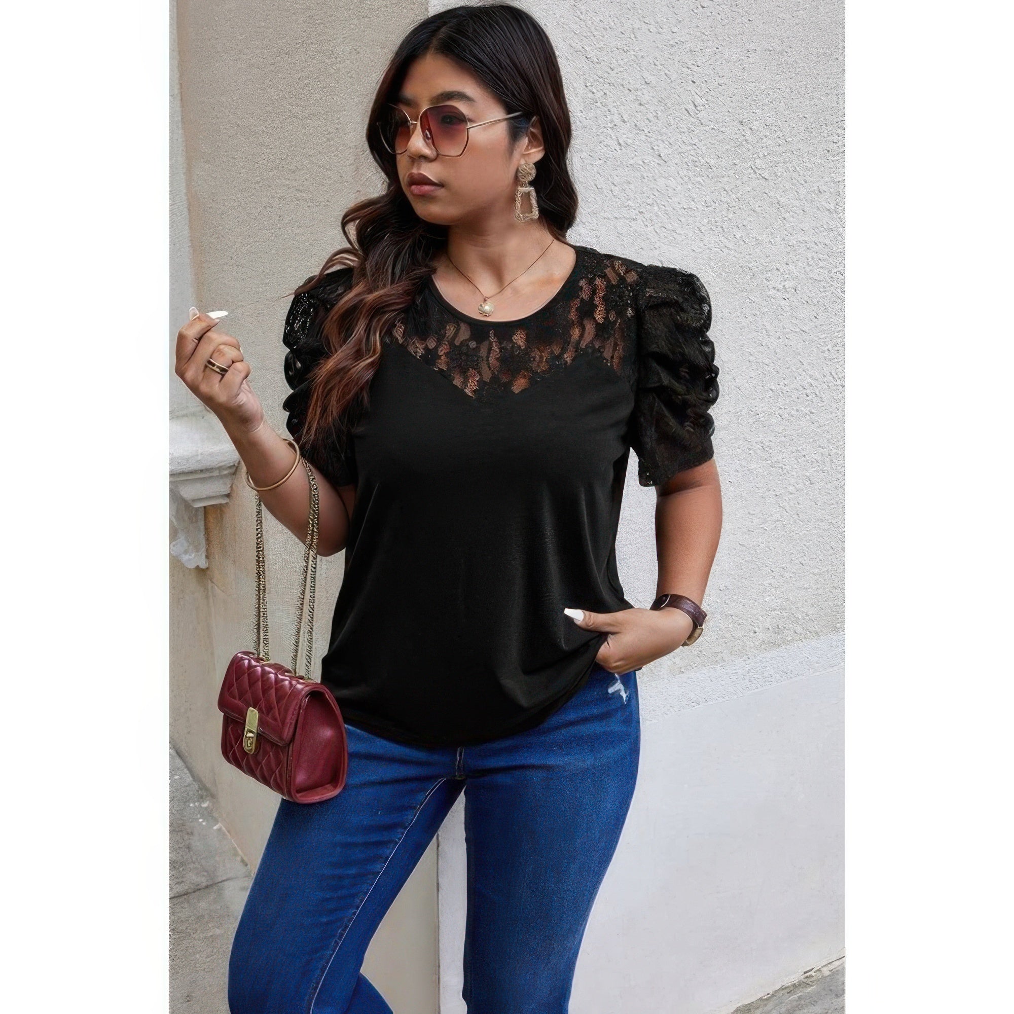 Solid Lace Ruffle Sleeve Hollow Out Elegant Shirt