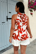 Plus Plant Print Halter Sleeveless Loose Blouse
