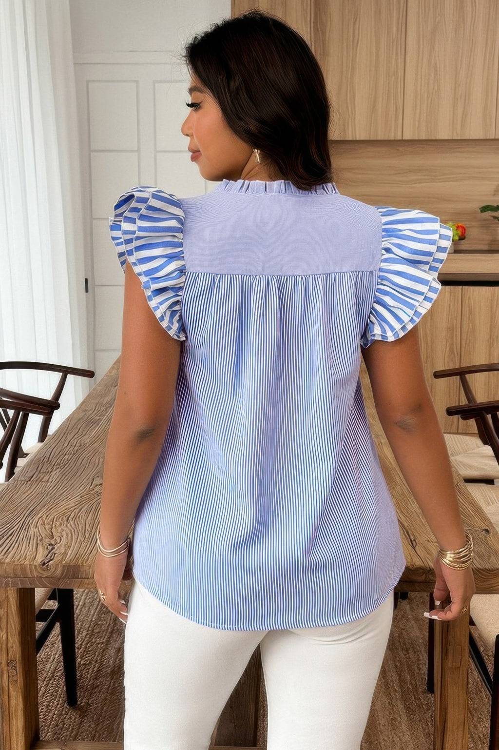 Plus Size Striped V Neck Flutter Sleeve Blouse