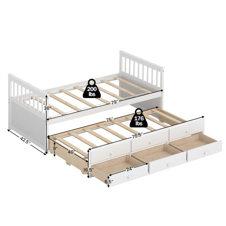 Twin Captains Bed with Pull Out Trundle and Storage Drawers in White Wood Finish