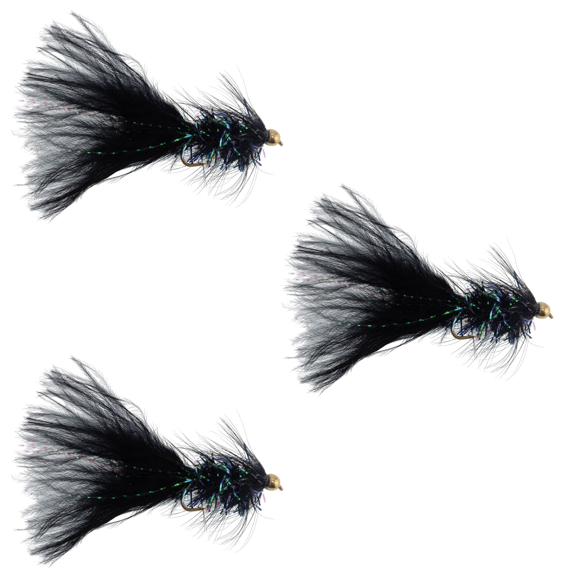 3 Pack Black Bead Head Crystal Woolly Bugger Streamer -  Size 8