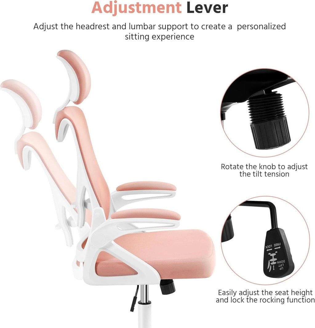 Silla de oficina ergonómica respaldo alto malla blanca rosa lumbar