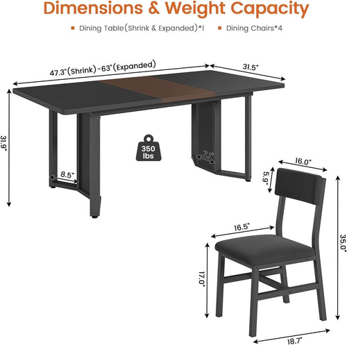 63 Inch Extendable MDF Board Dining Table Set Black Finish