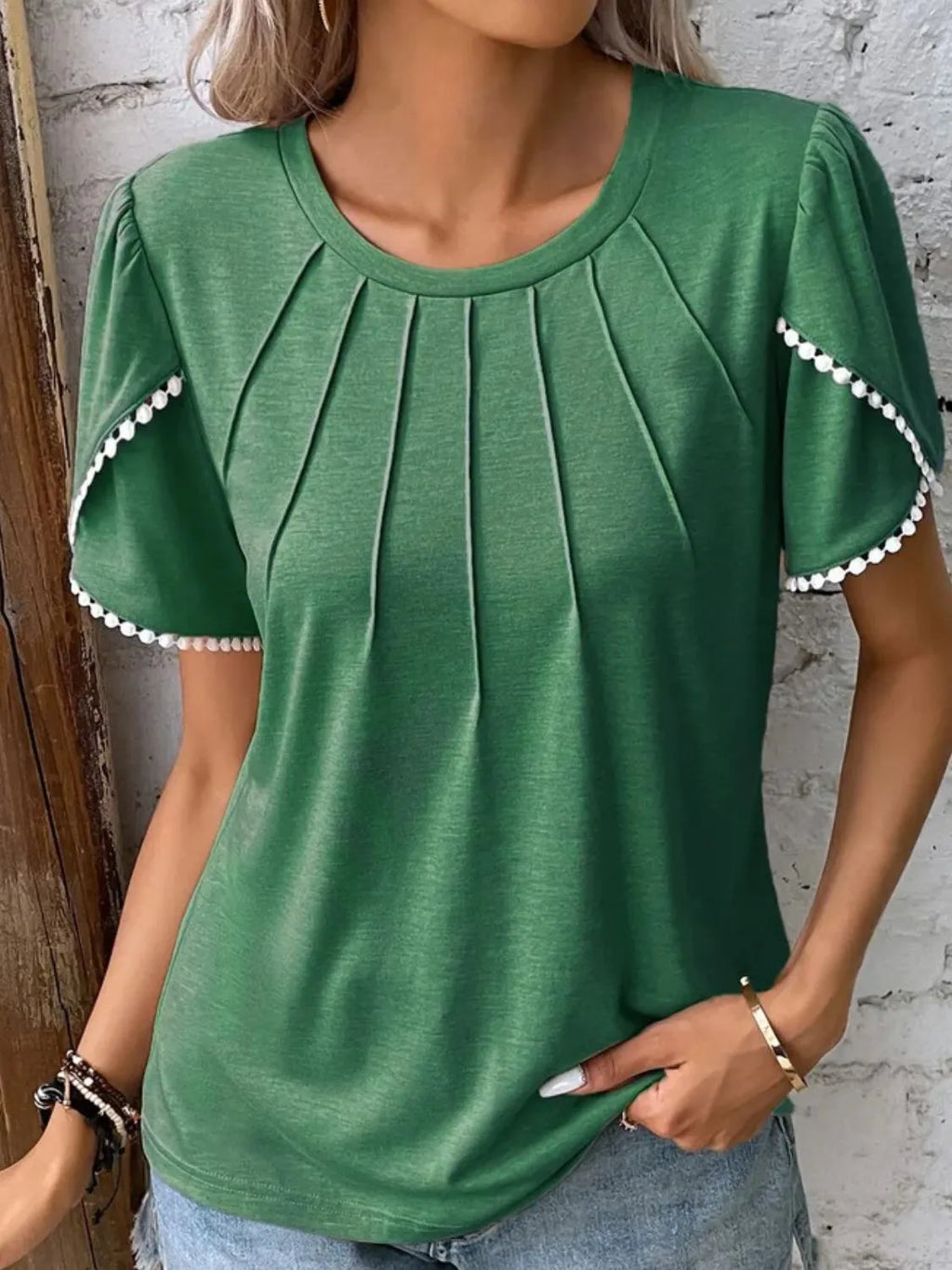 Full Size Round Neck Petal Sleeve Blouse Plus Size