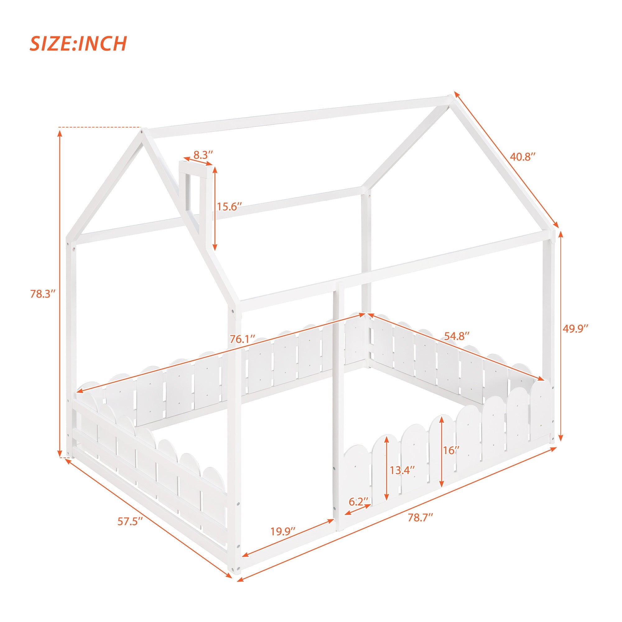 (Slats are not included) Full Size Wood Bed House Bed Frame with Fence,for Kids,Teens,Girls,Boys (White )(OLD SKU:WF281294AAK)