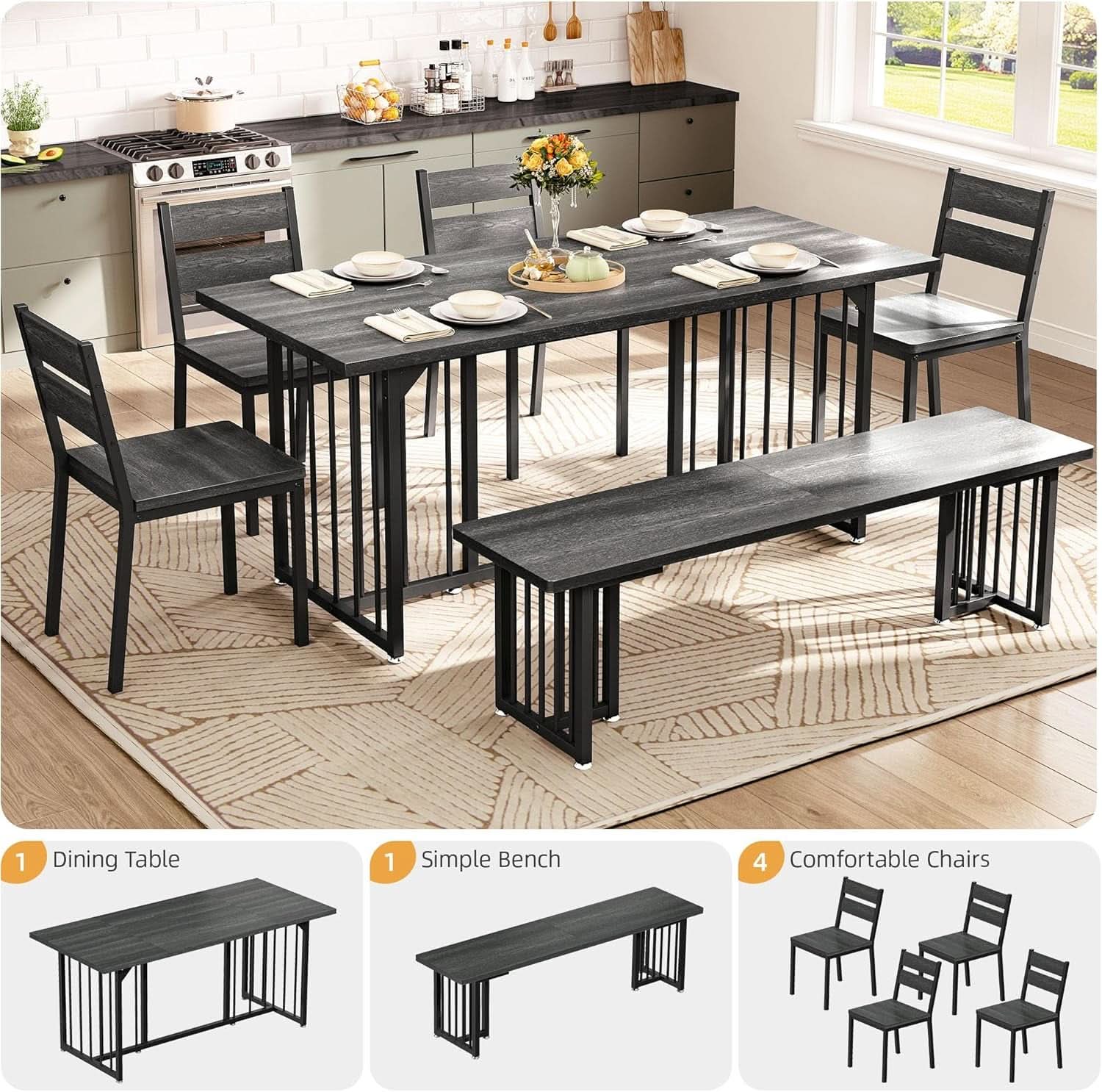 Juego de comedor rectangular gris oscuro de 63 pulgadas estilo rústico