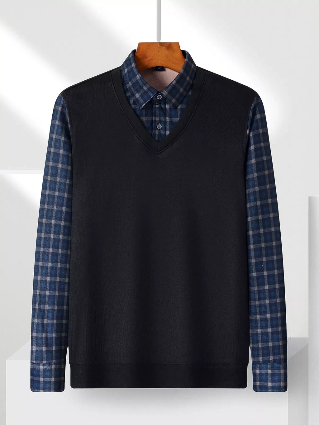 Men's Plus Size Striped Long Sleeve Fake Two-Piece Knit Top