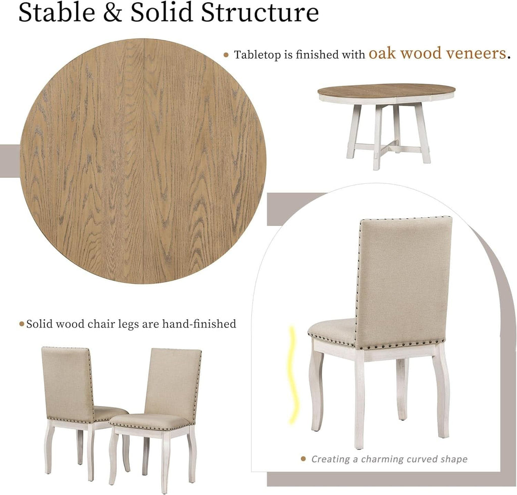 Juego de mesa de comedor redonda extensible estilo rústico, acabado roble con sillas tapizadas