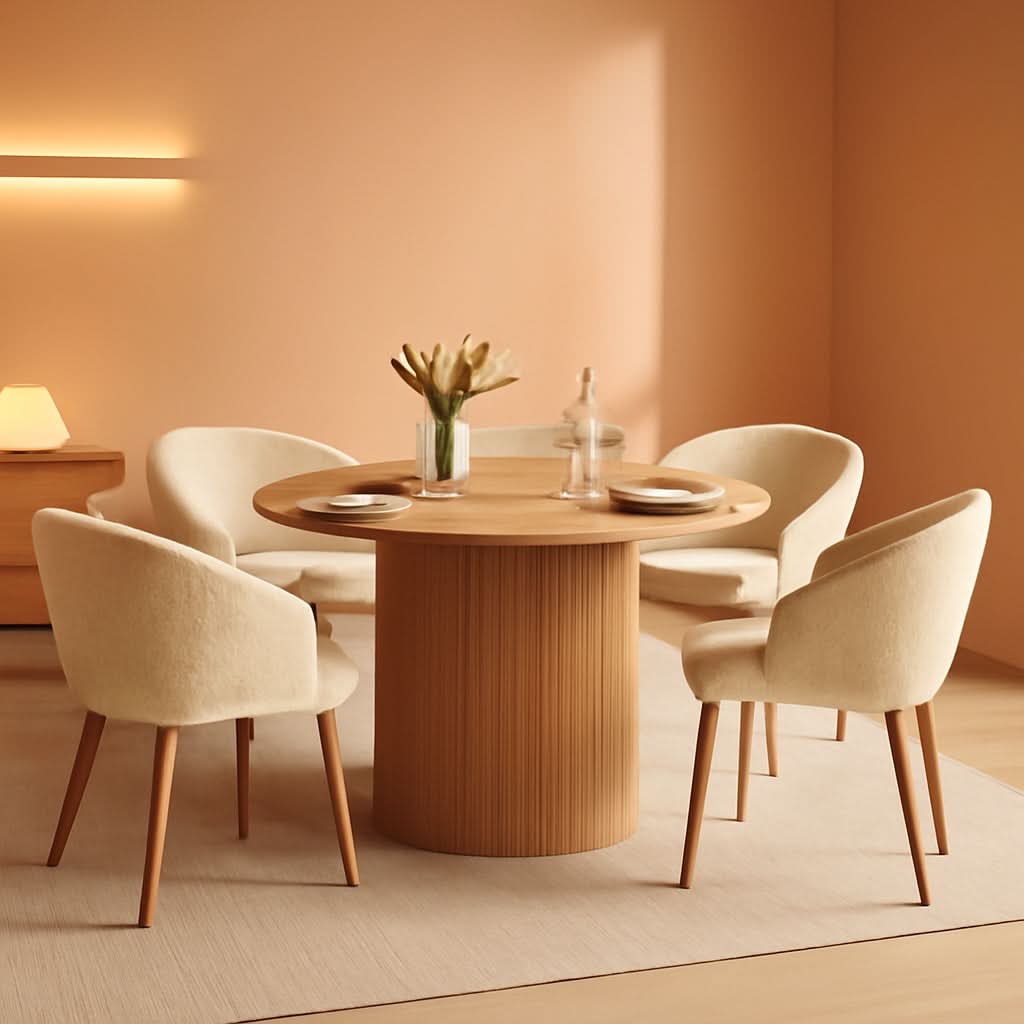 Mesa de comedor redonda de cuarenta y siete pulgadas con sillas con acabado de roble