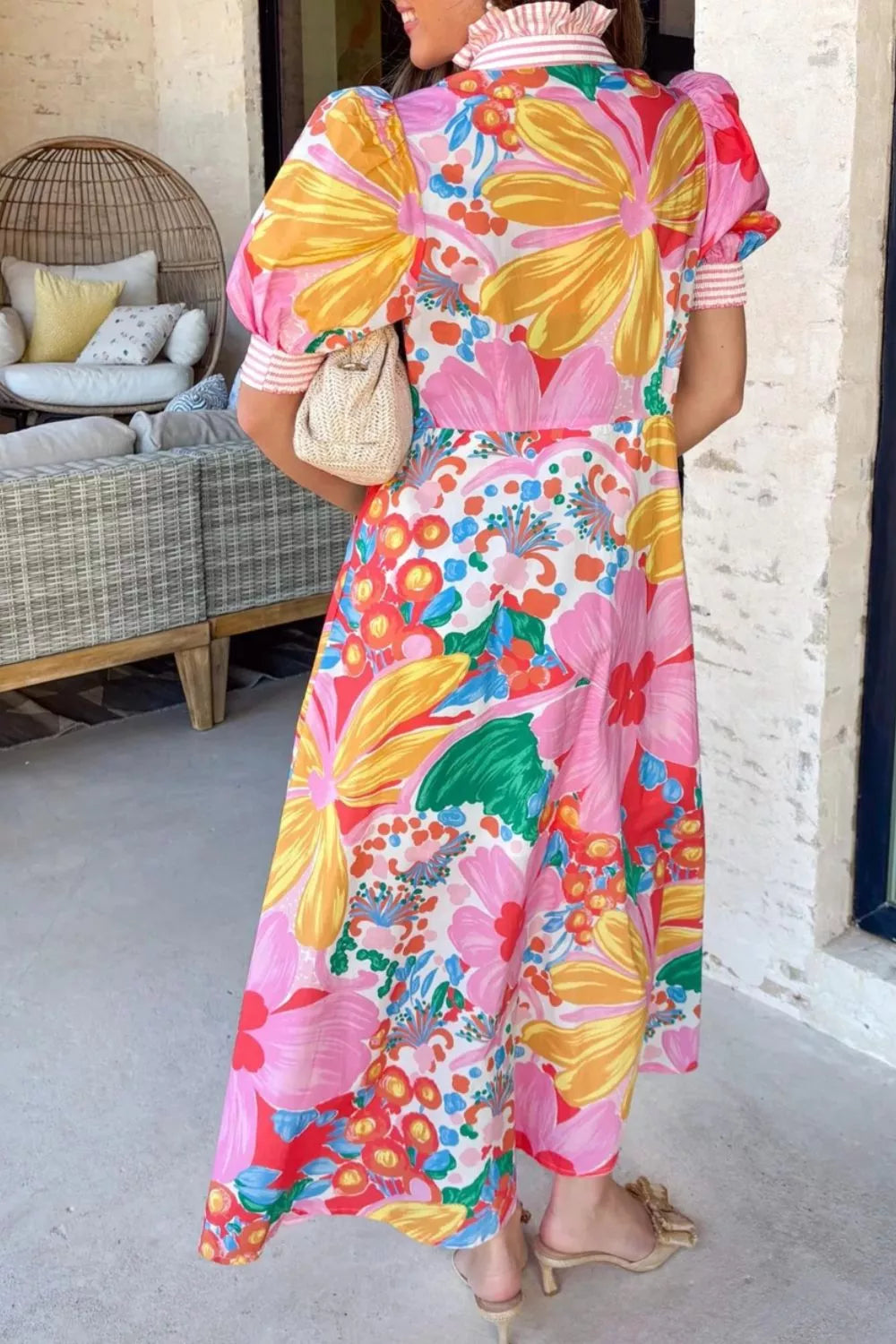 Floral Print Striped Trim Button Down Short Sleeve Maxi Dress