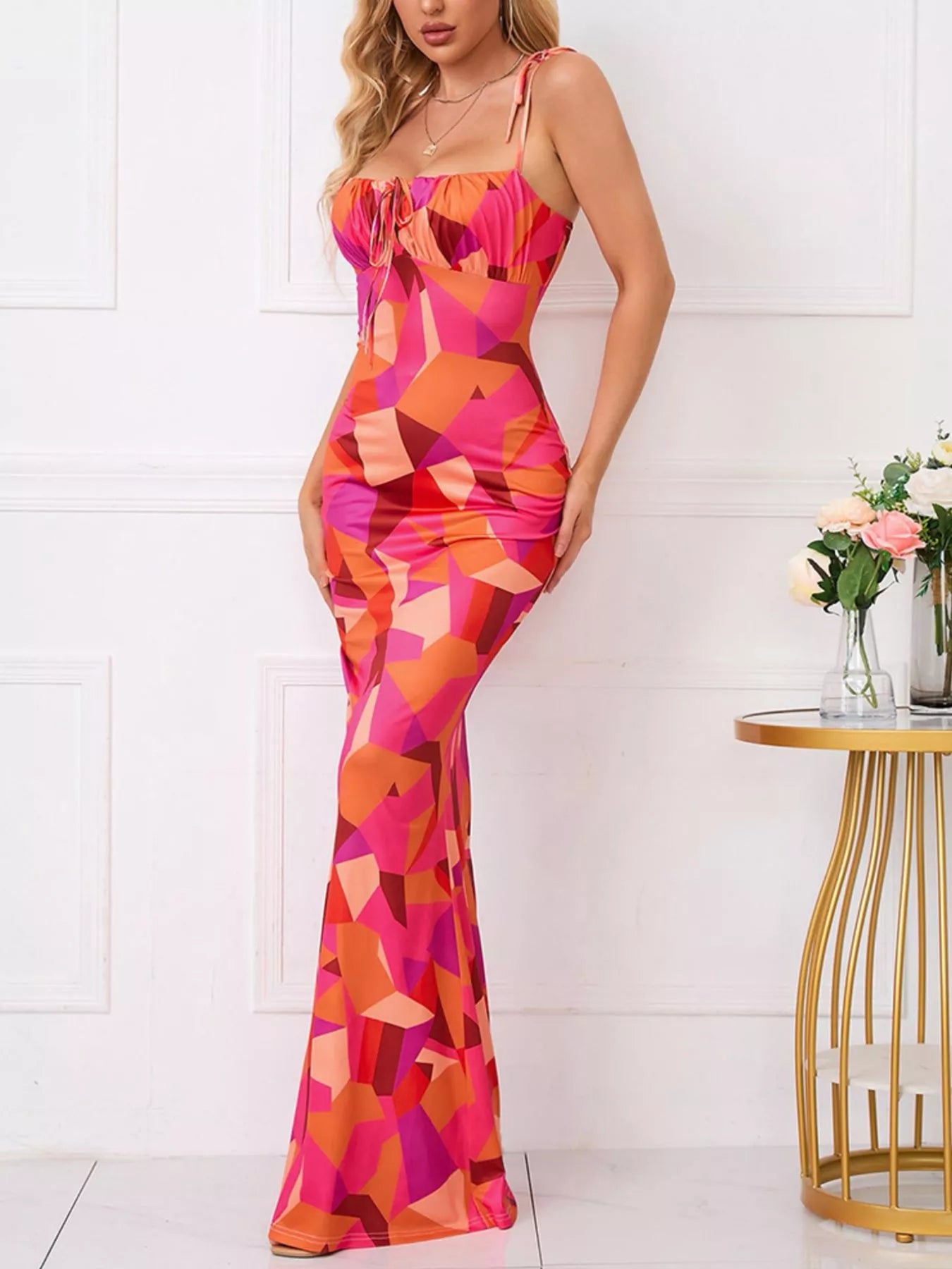 Floral Print Tie Strap Bodycon Maxi Dress