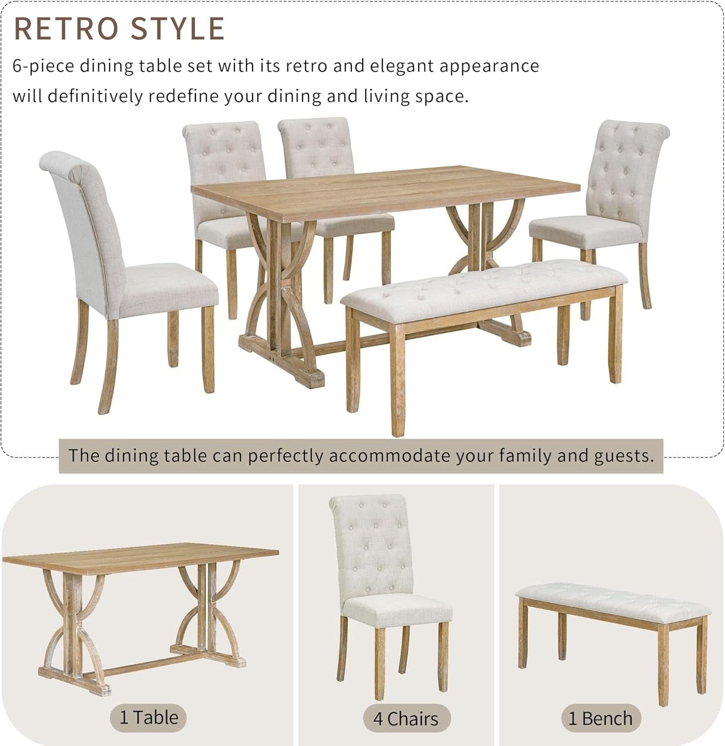 Juego de Comedor Rectangular Industrial de Madera Maciza