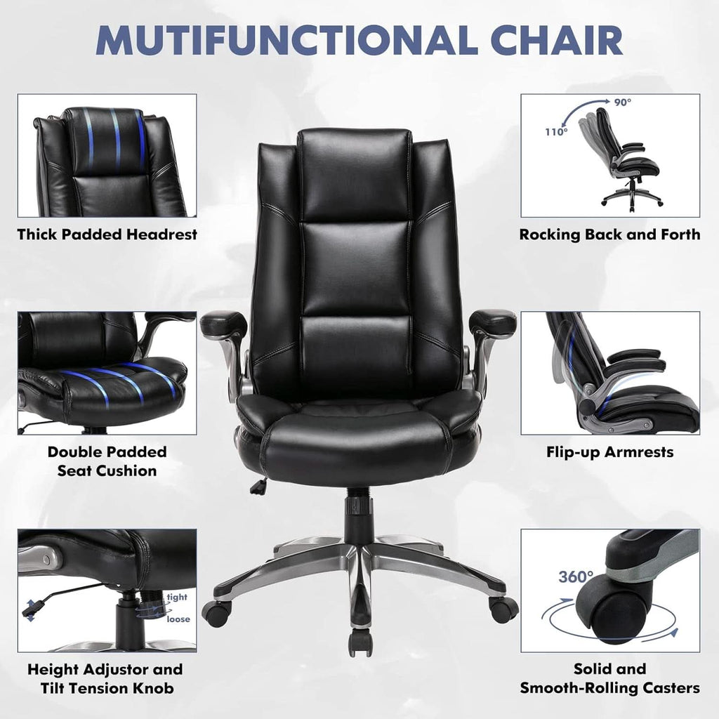 Sillón ejecutivo de oficina de piel regenerada con respaldo alto, color negro