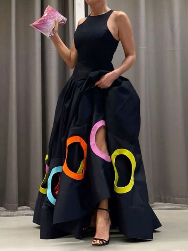 Sleeveless Hollow Pleated Split-Joint Round-Neck Maxi Dresses