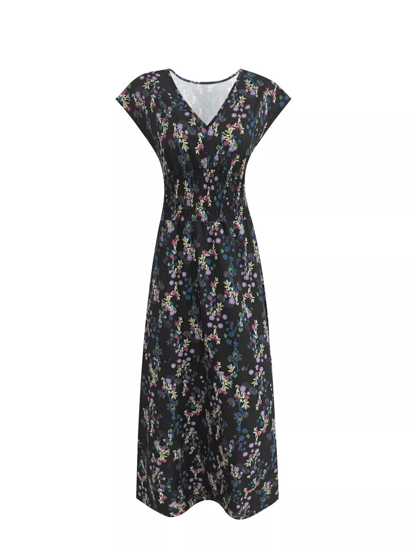 Plus Size Floral V-Neck Cap Sleeve Maxi Dress