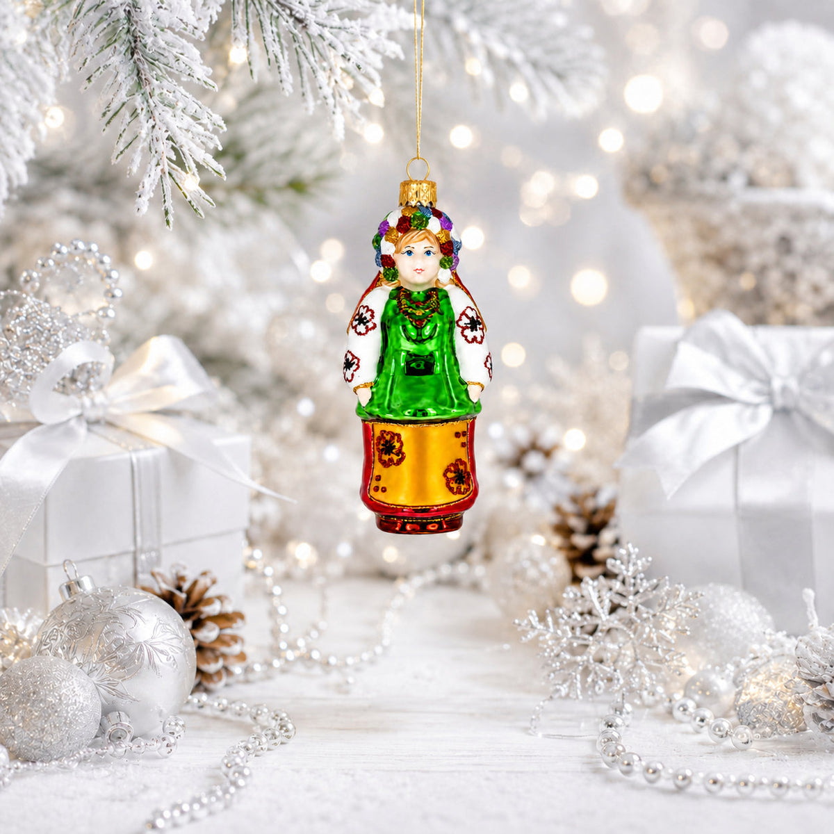 Ukrainian Woman in Traditional Folk Dress Glass Christmas Ornament