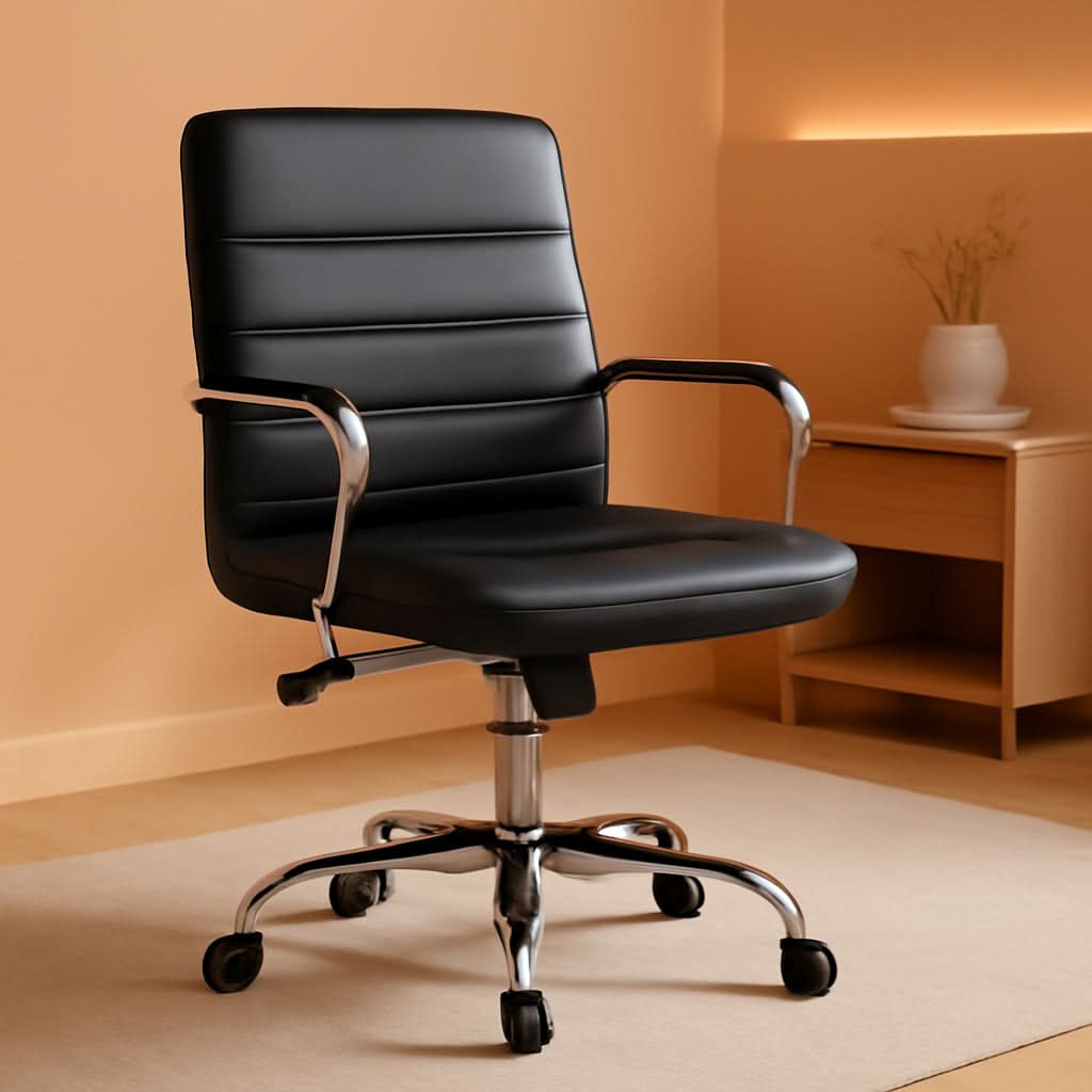 Silla de oficina ergonómica de respaldo medio de cuero sintético negro con soporte lumbar
