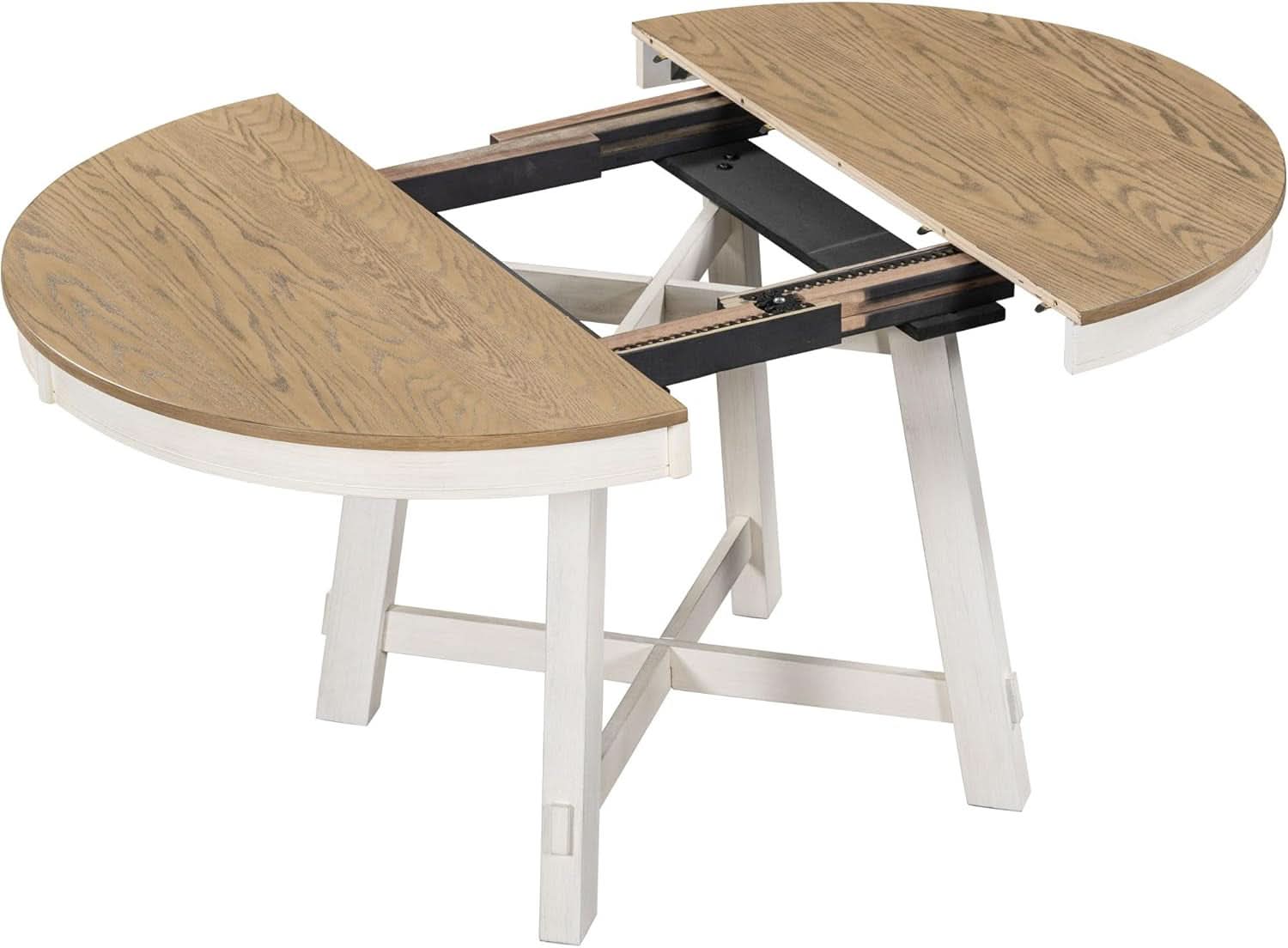 Juego de mesa de comedor redonda extensible estilo rústico, acabado roble con sillas tapizadas